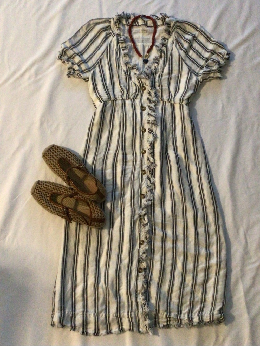 Pilcro Striped Button-Front Midi Dress in White and Navy